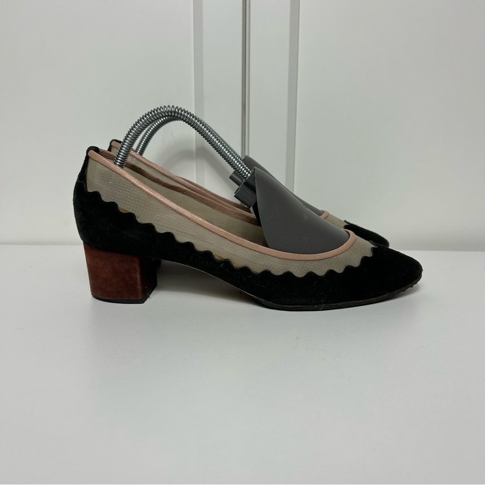 Chloe black beige mesh scalloped heels